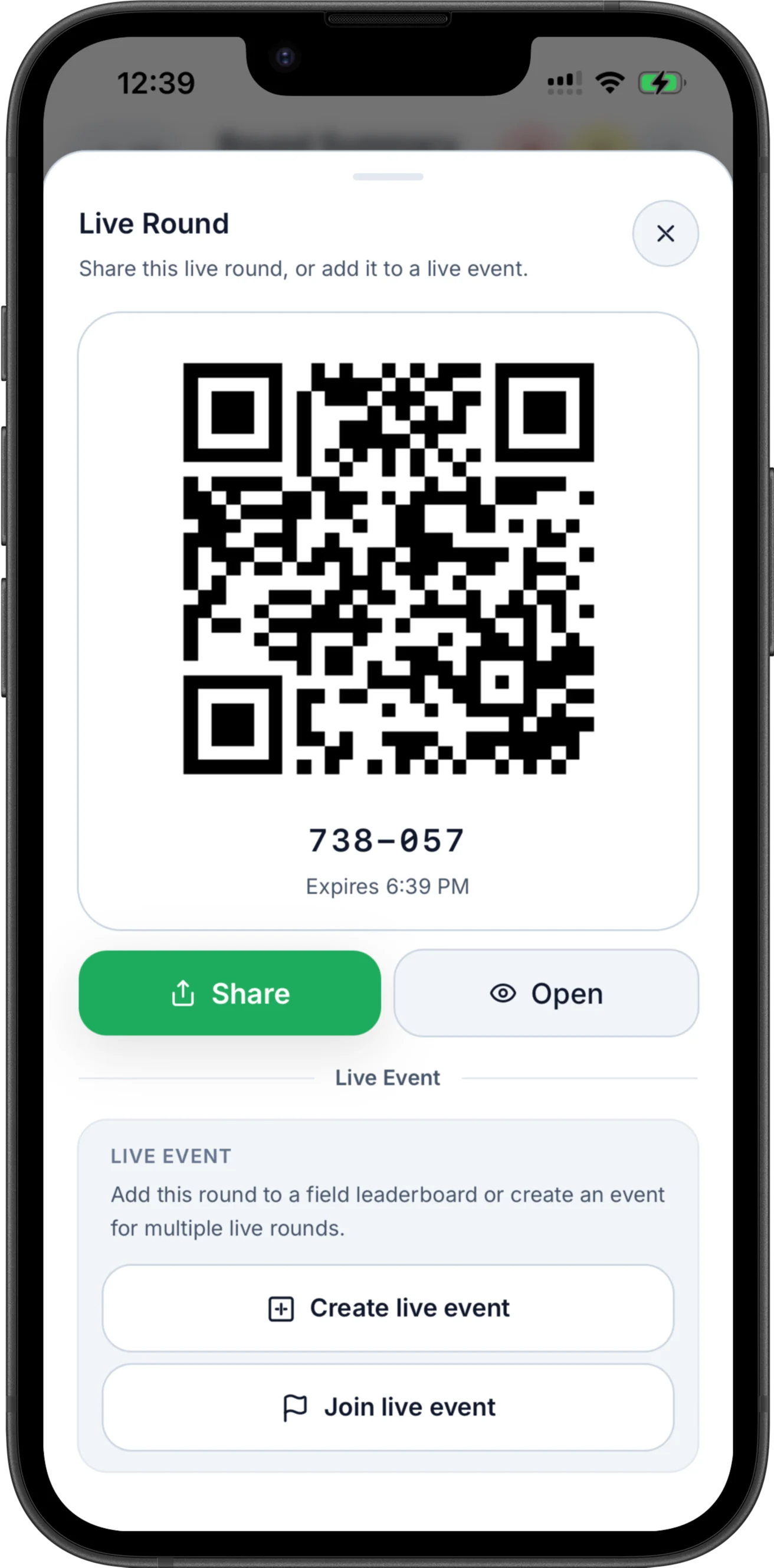Parchaser Live Round and Live Event sharing screen.