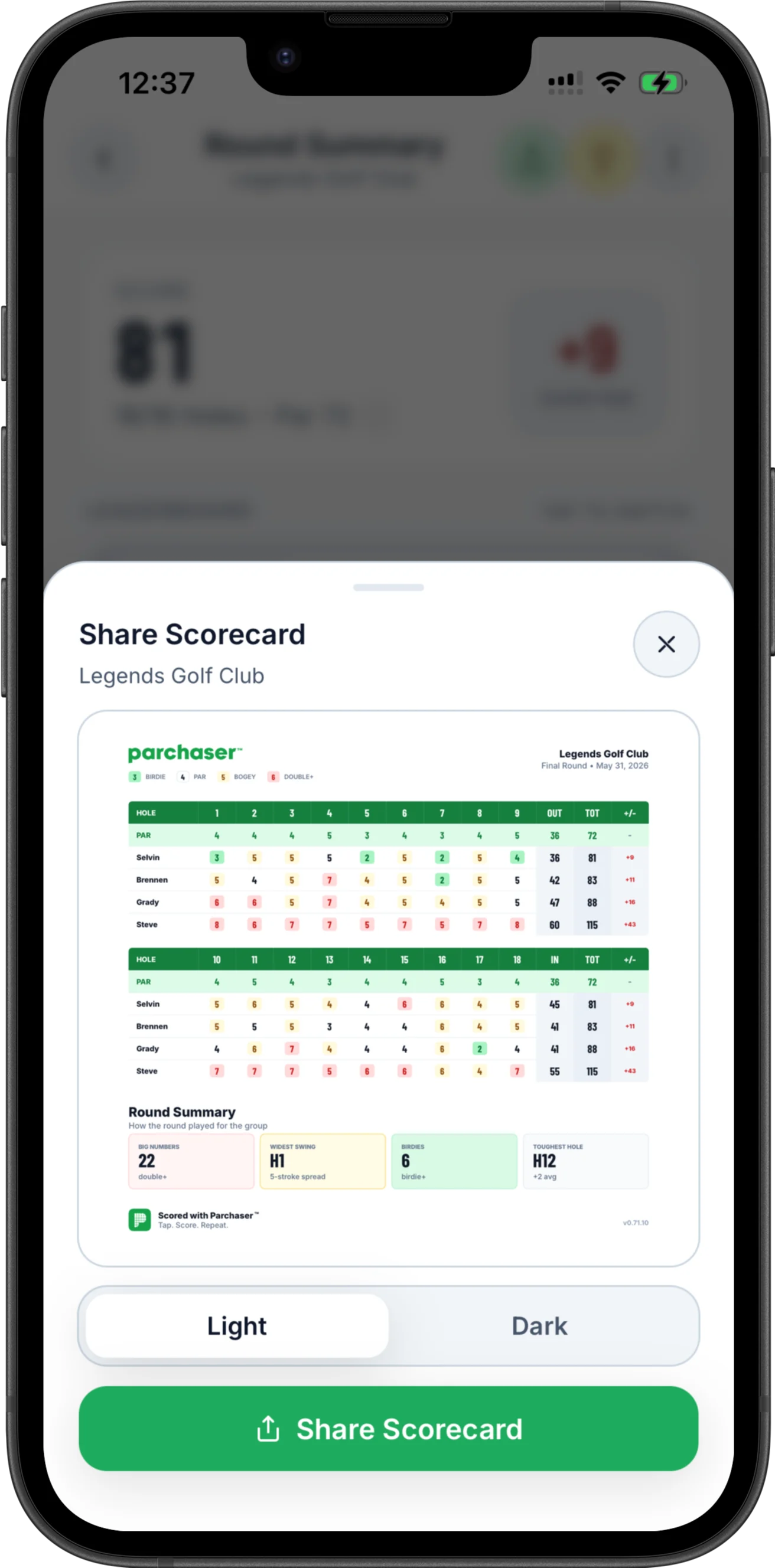 Parchaser share scorecard screen with a finished Legends Golf Club card.